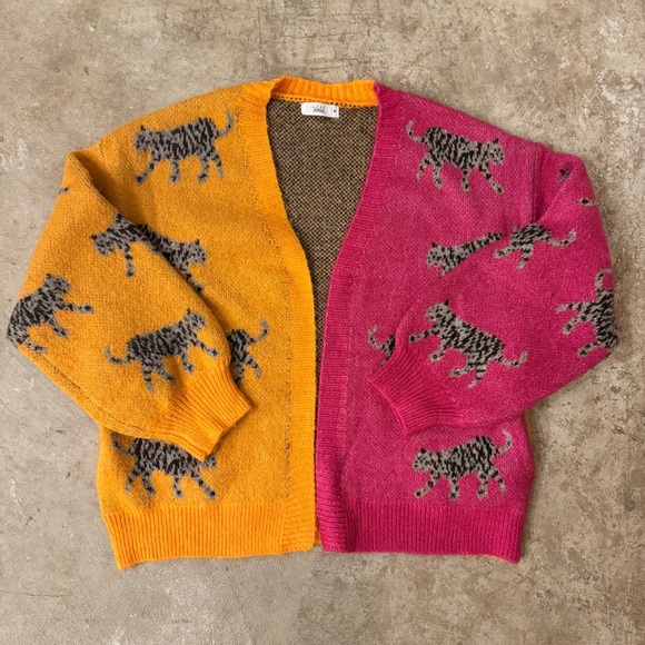 Talulah Tiger Color-block Pink and Orange Cardigan and Pants Knit Set - size M - Picture 2 of 9